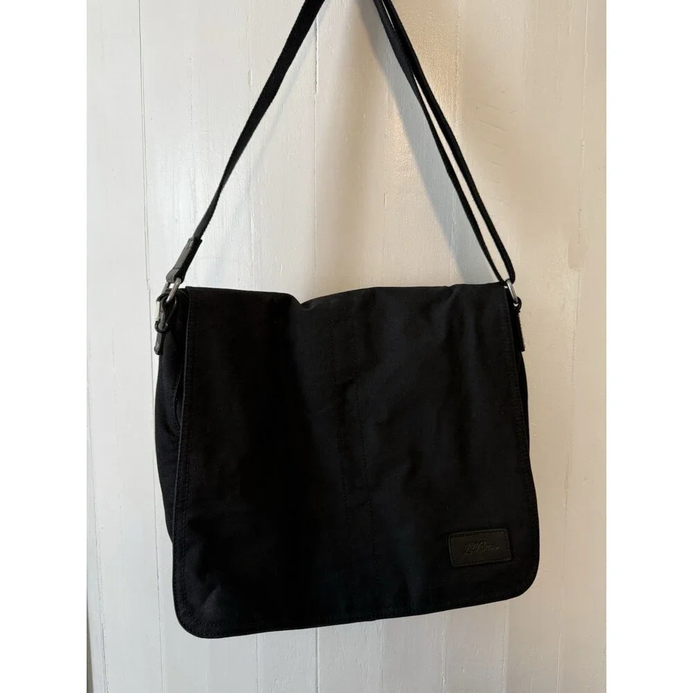 LL Bean Messenger Bag Black Canvas Satchel Plaid Flannel lining